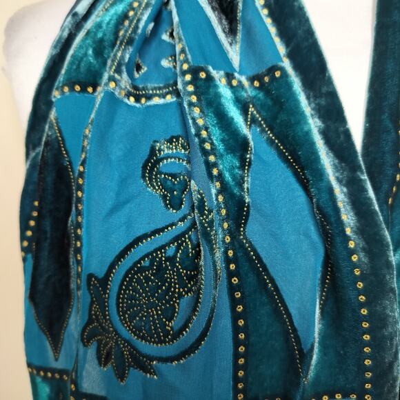 Teal Crushed Velvet Scarf Paisley Floral Geometric Sheer 58" x 9.5" - Picture 6 of 13